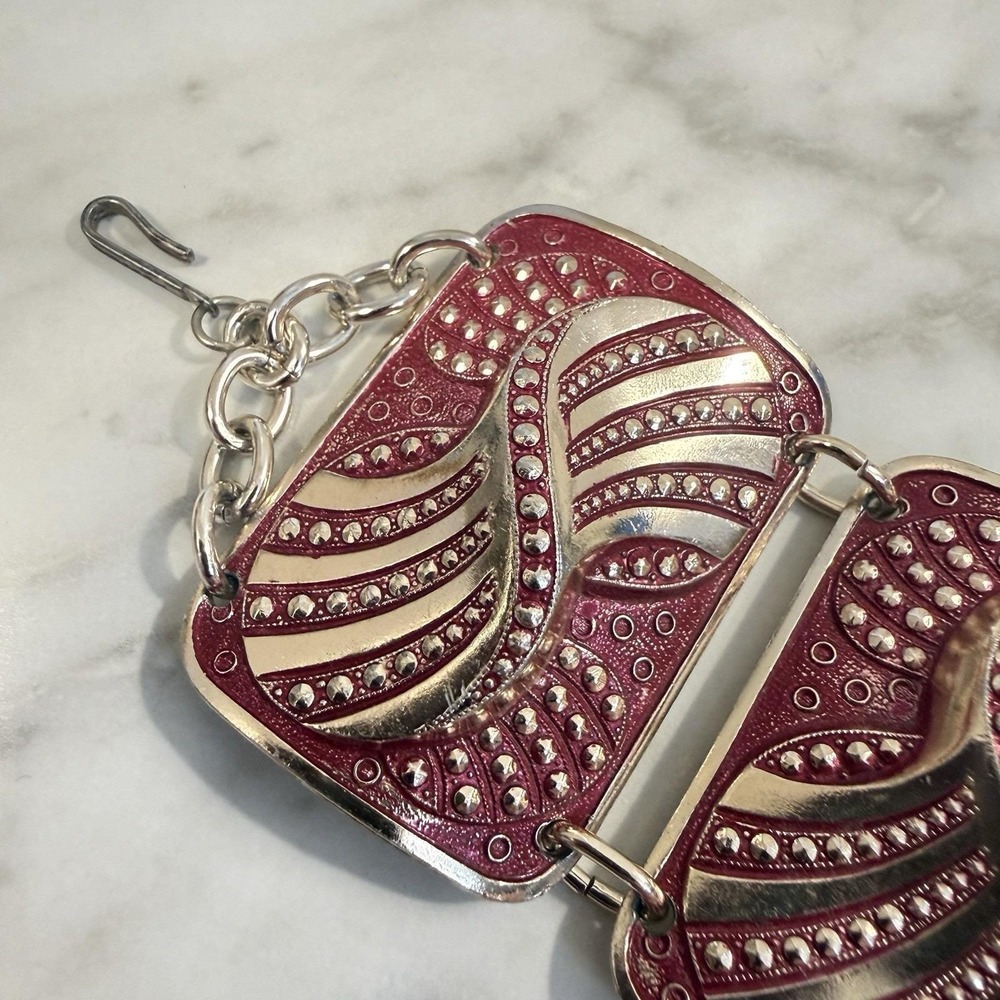 Vintage West Germany Eloxal Modernist Panel Bracelet Aluminum Pink Enamel - Picture 5 of 8